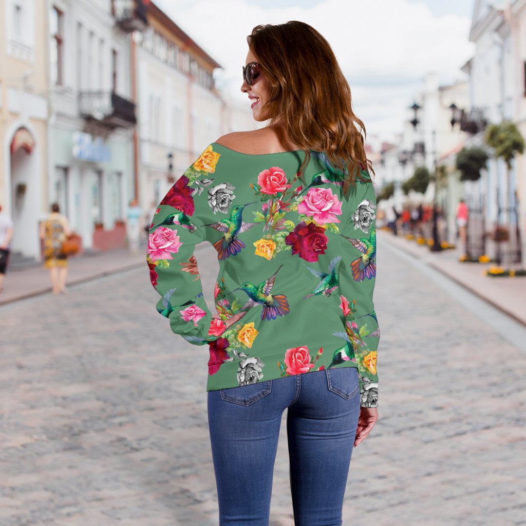 Hummingbird With Rose Themed Print Off Shoulder Sweatshirt