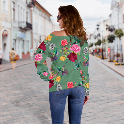 Hummingbird With Rose Themed Print Off Shoulder Sweatshirt
