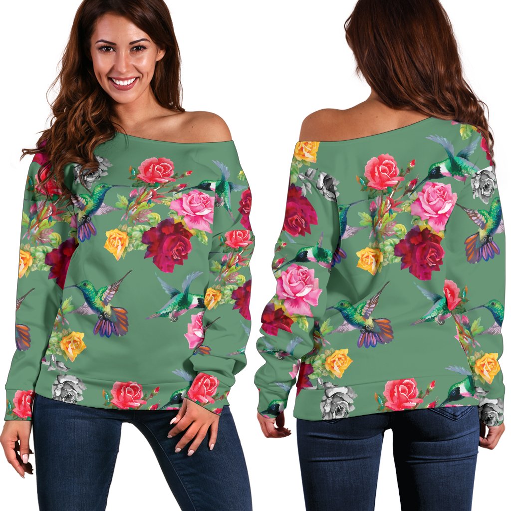 Hummingbird With Rose Themed Print Off Shoulder Sweatshirt