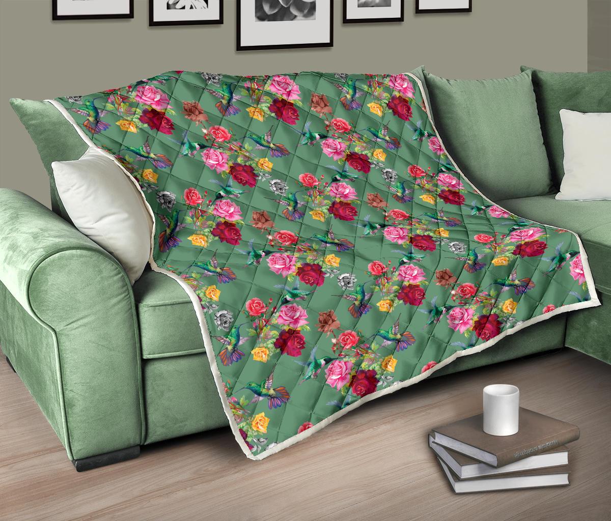 Hummingbird with Rose Themed Print Premium Quilt-JTAMIGO.COM
