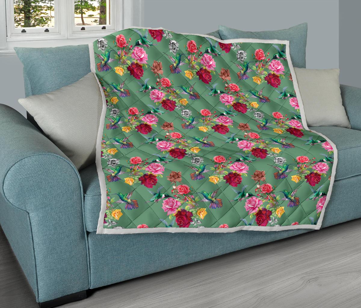 Hummingbird with Rose Themed Print Premium Quilt-JTAMIGO.COM
