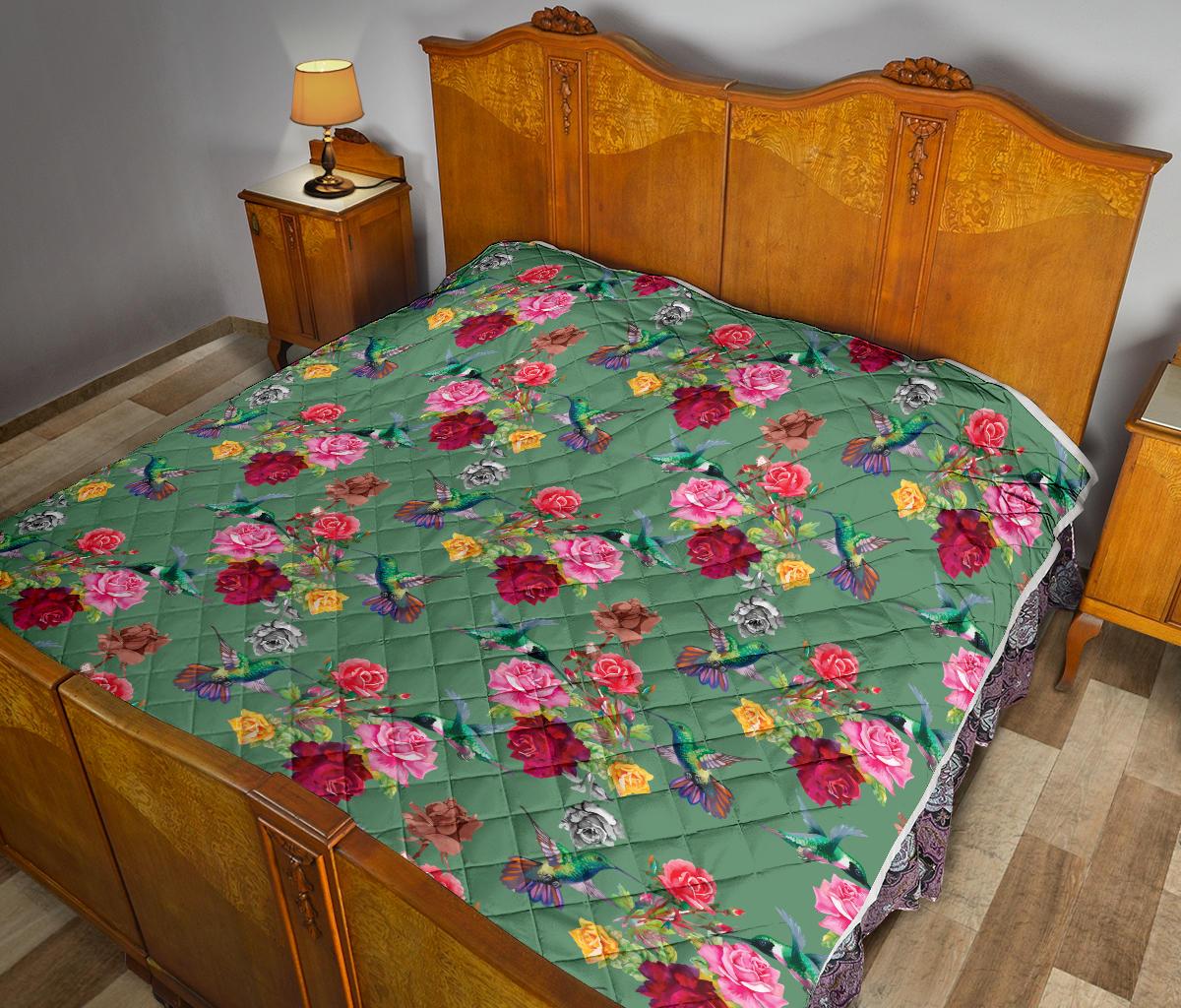 Hummingbird with Rose Themed Print Premium Quilt-JTAMIGO.COM