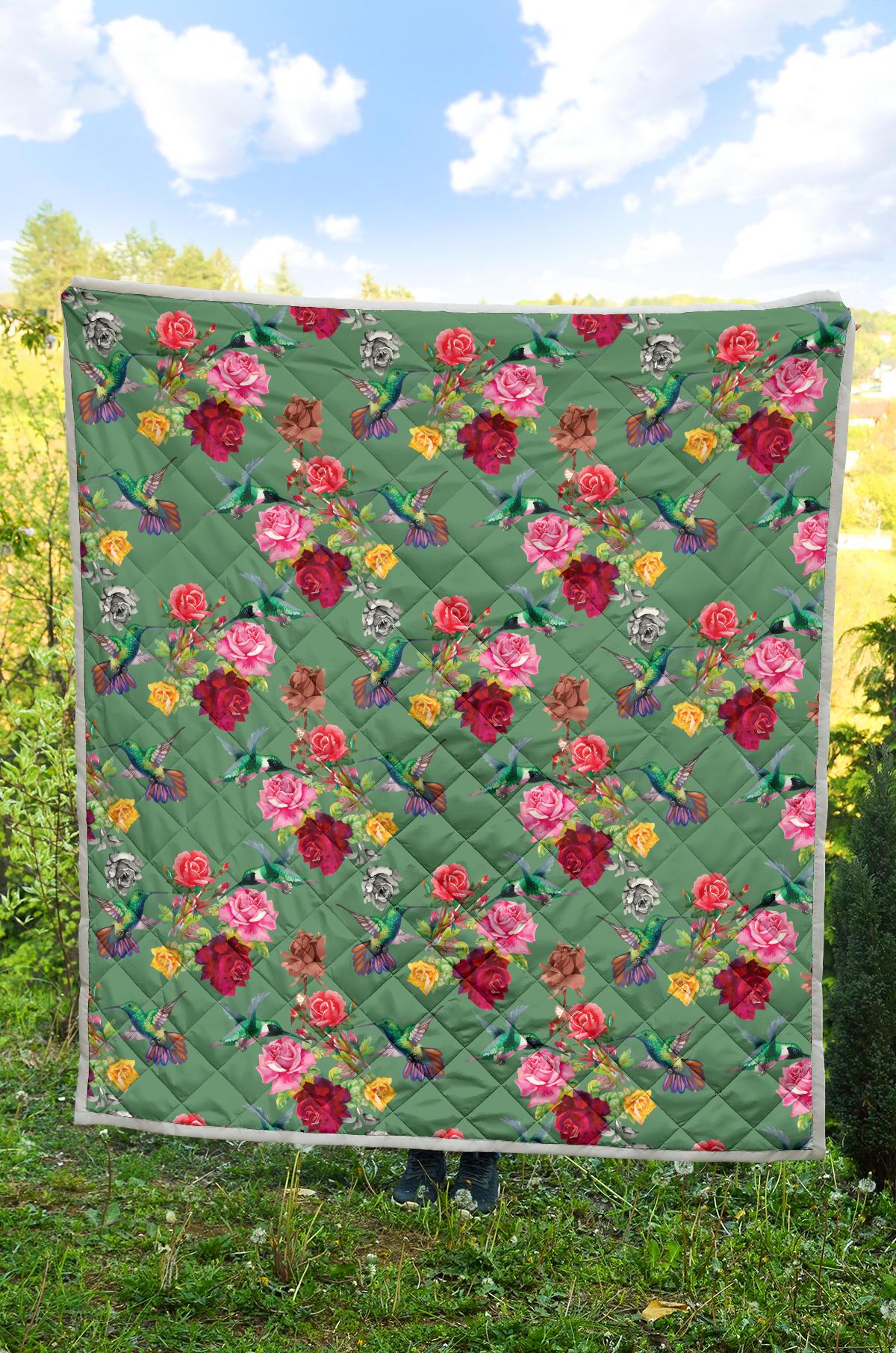 Hummingbird with Rose Themed Print Premium Quilt-JTAMIGO.COM