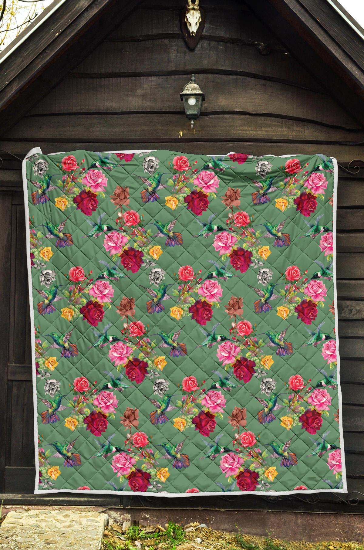 Hummingbird with Rose Themed Print Premium Quilt-JTAMIGO.COM