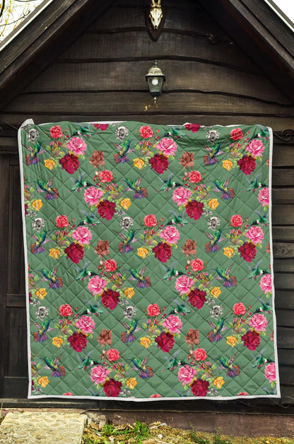 Hummingbird with Rose Themed Print Premium Quilt-JTAMIGO.COM