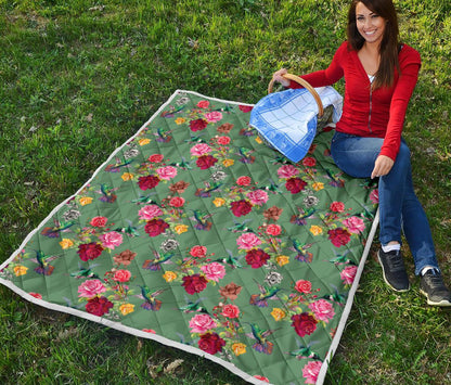 Hummingbird with Rose Themed Print Premium Quilt-JTAMIGO.COM