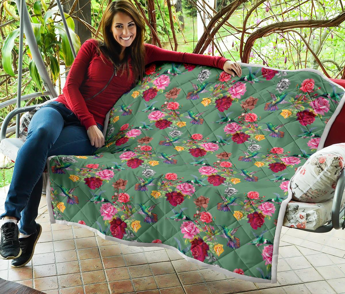 Hummingbird with Rose Themed Print Premium Quilt-JTAMIGO.COM