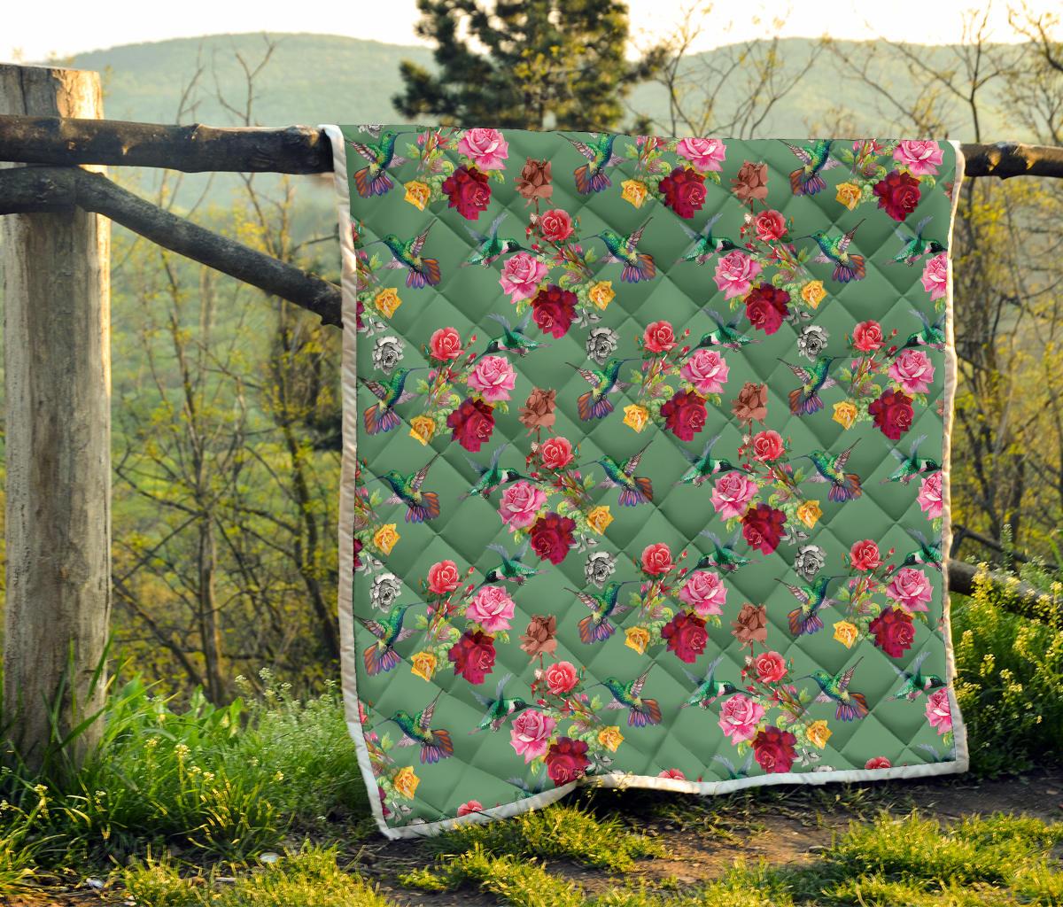Hummingbird with Rose Themed Print Premium Quilt-JTAMIGO.COM
