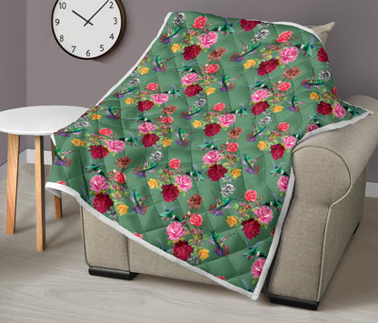Hummingbird with Rose Themed Print Premium Quilt-JTAMIGO.COM
