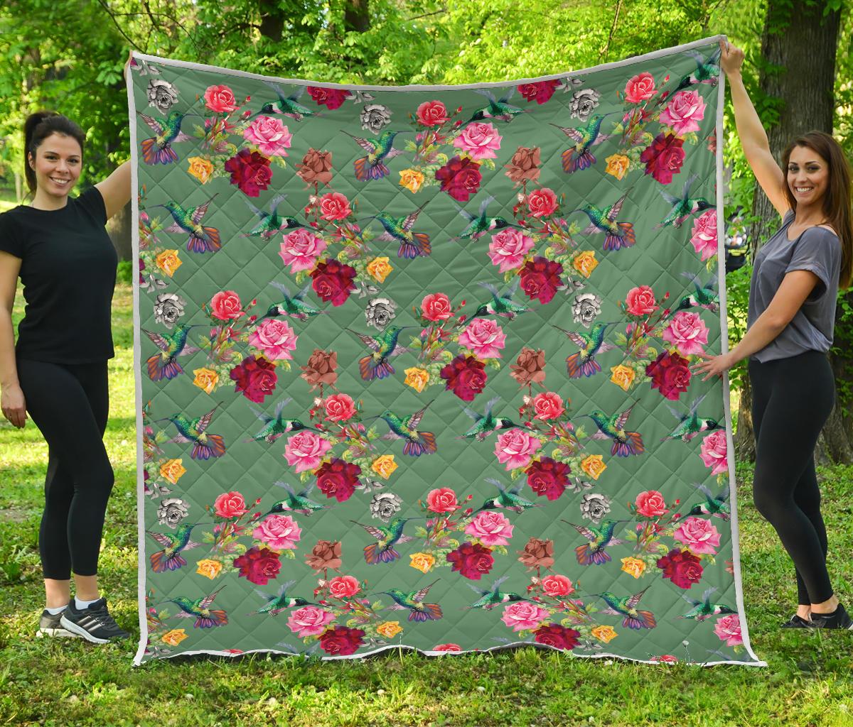 Hummingbird with Rose Themed Print Premium Quilt-JTAMIGO.COM