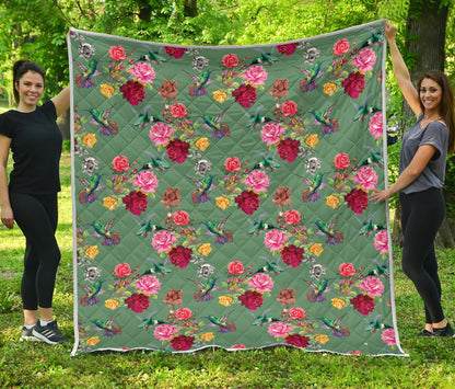 Hummingbird with Rose Themed Print Premium Quilt-JTAMIGO.COM
