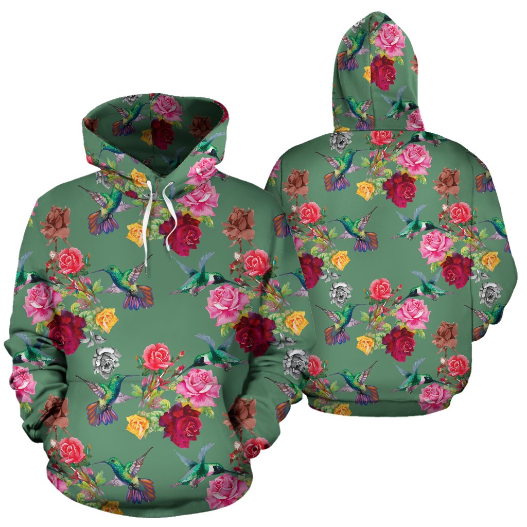 Hummingbird with Rose Themed Print Pullover Hoodie