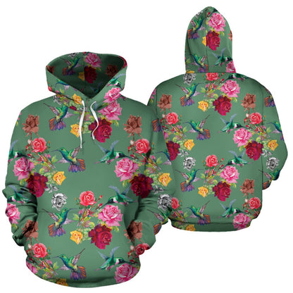 Hummingbird with Rose Themed Print Pullover Hoodie