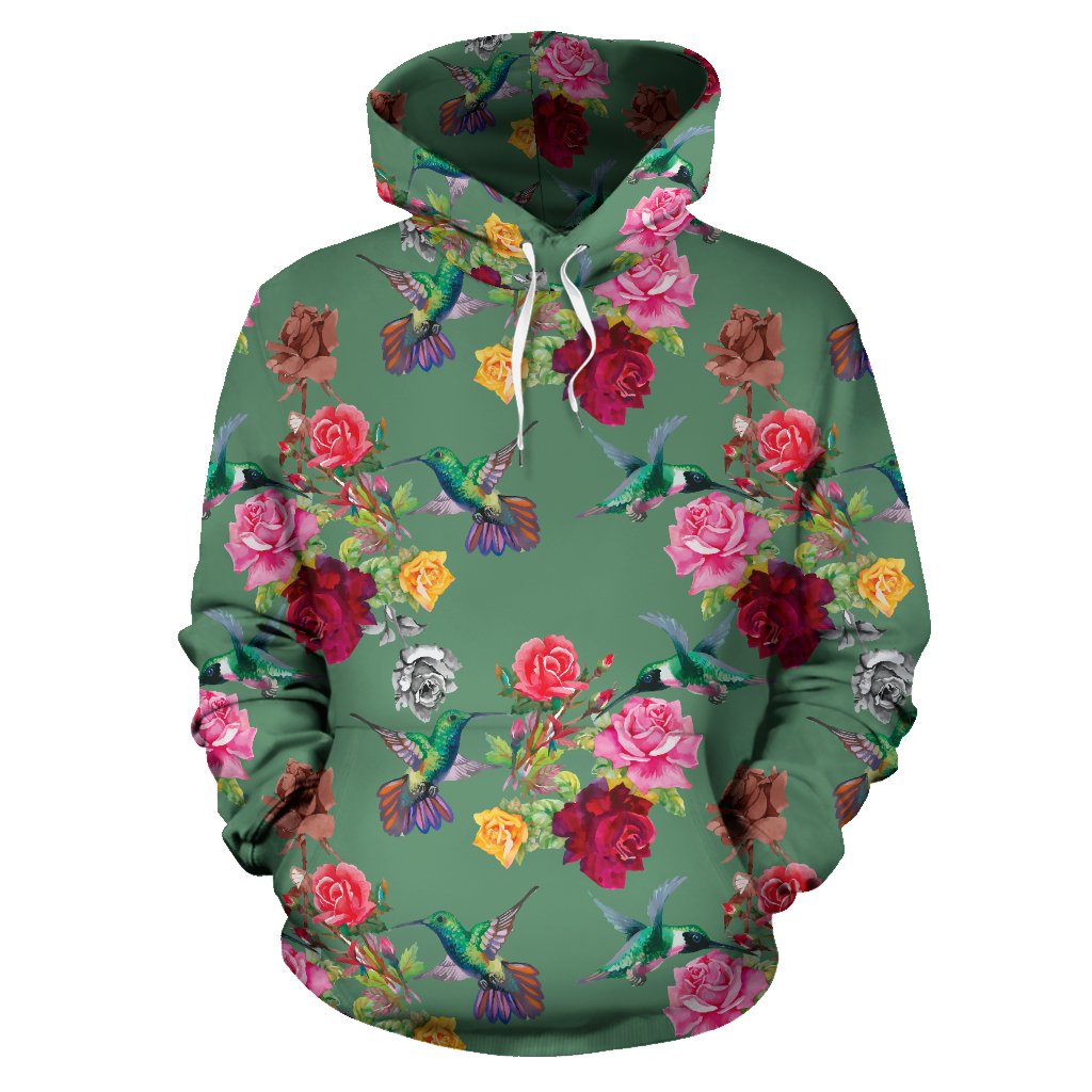 Hummingbird with Rose Themed Print Pullover Hoodie