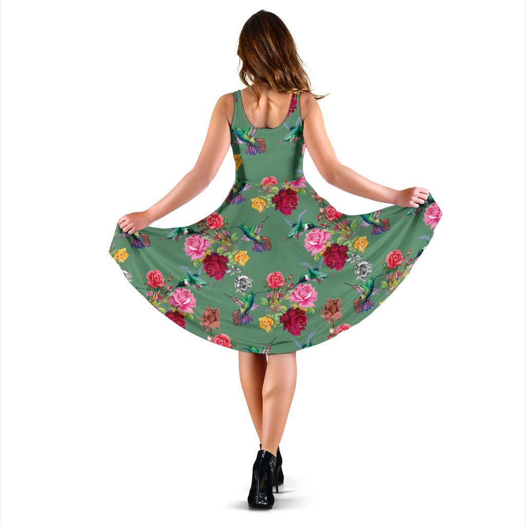 Hummingbird with Rose Themed Print Sleeveless Dress