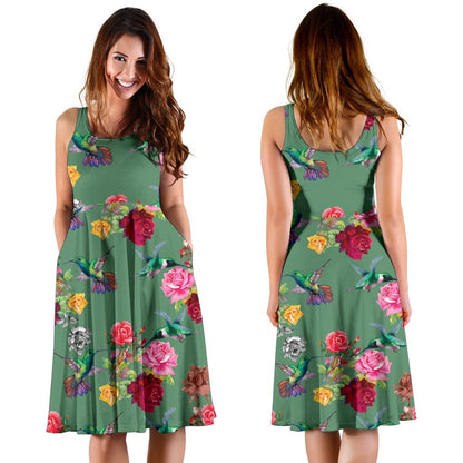 Hummingbird with Rose Themed Print Sleeveless Dress