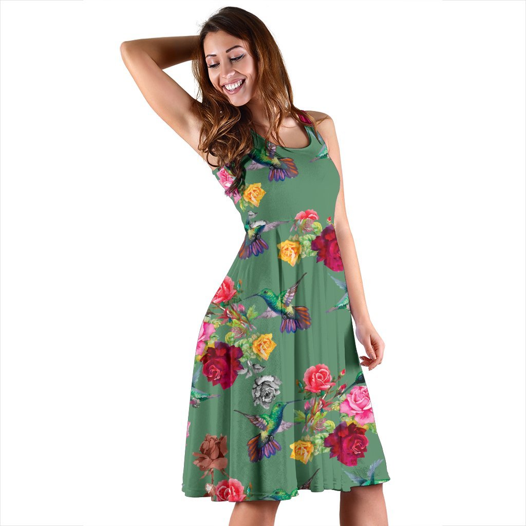 Hummingbird with Rose Themed Print Sleeveless Dress