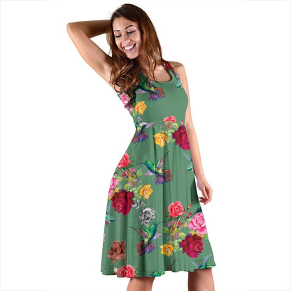 Hummingbird with Rose Themed Print Sleeveless Dress