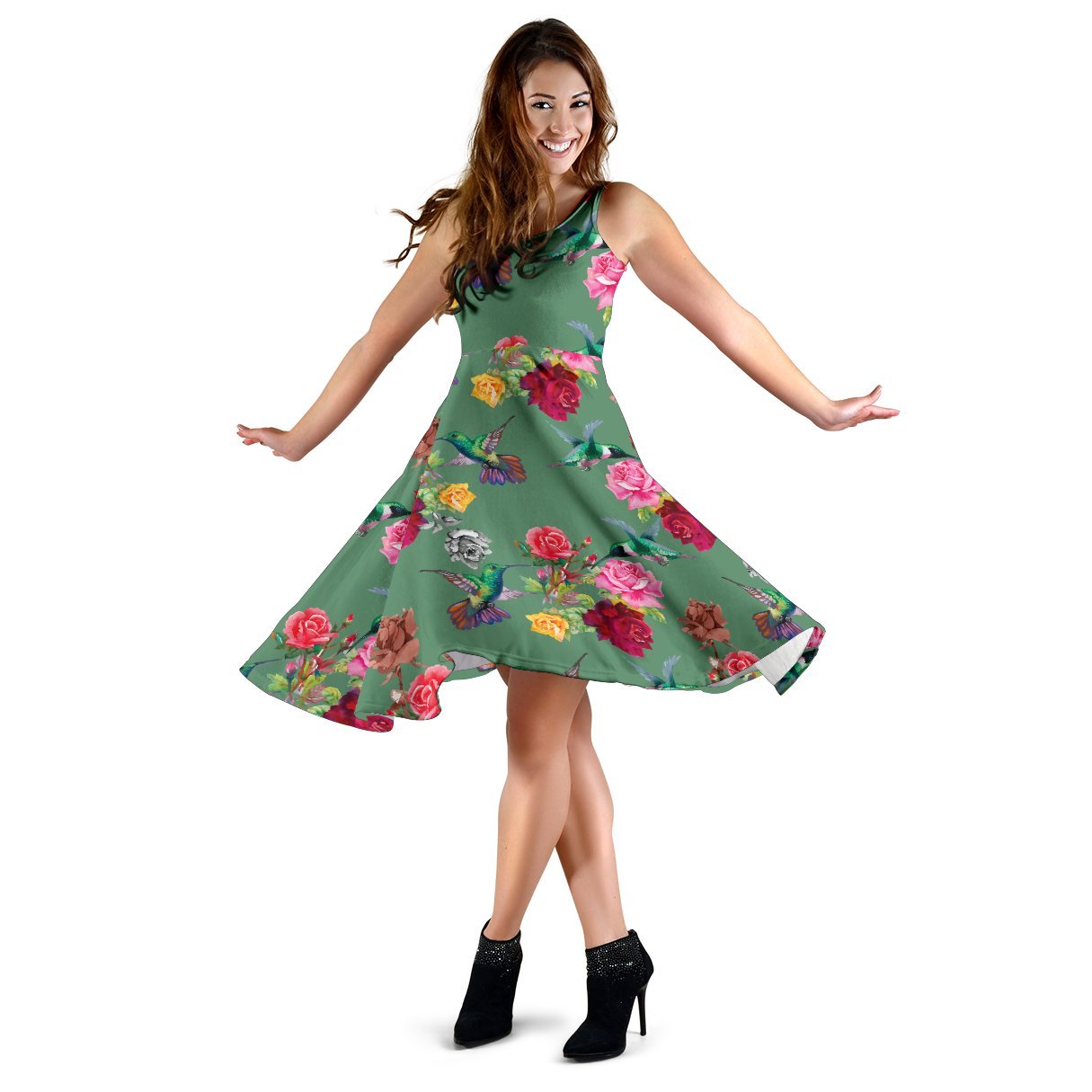 Hummingbird with Rose Themed Print Sleeveless Dress