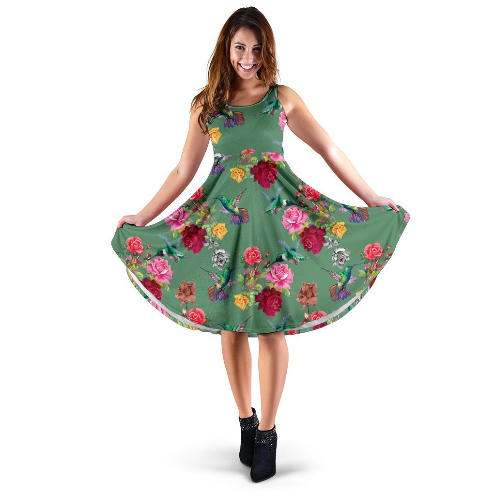 Hummingbird with Rose Themed Print Sleeveless Dress