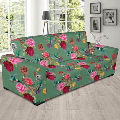 Hummingbird with Rose Themed Print Sofa Slipcover-JTAMIGO.COM