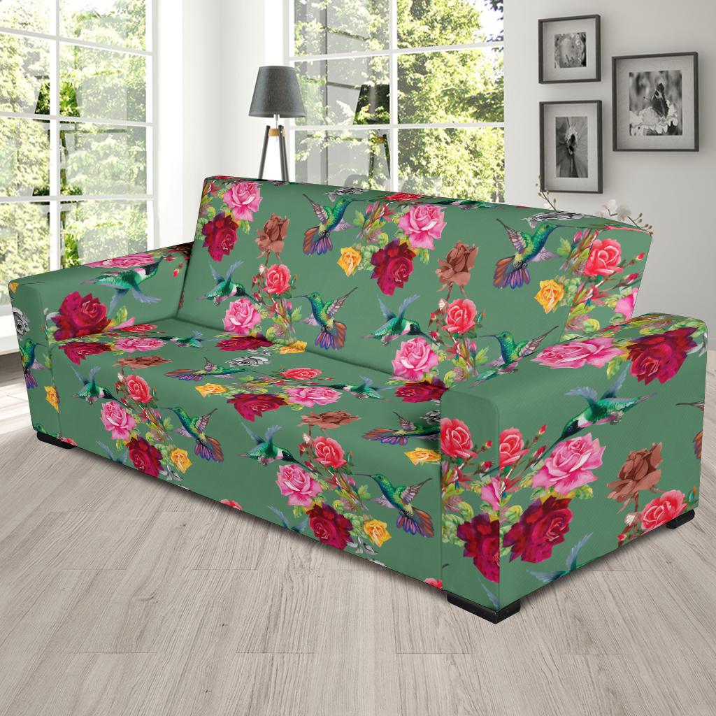 Hummingbird with Rose Themed Print Sofa Slipcover-JTAMIGO.COM