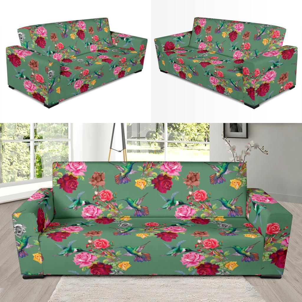 Hummingbird with Rose Themed Print Sofa Slipcover-JTAMIGO.COM