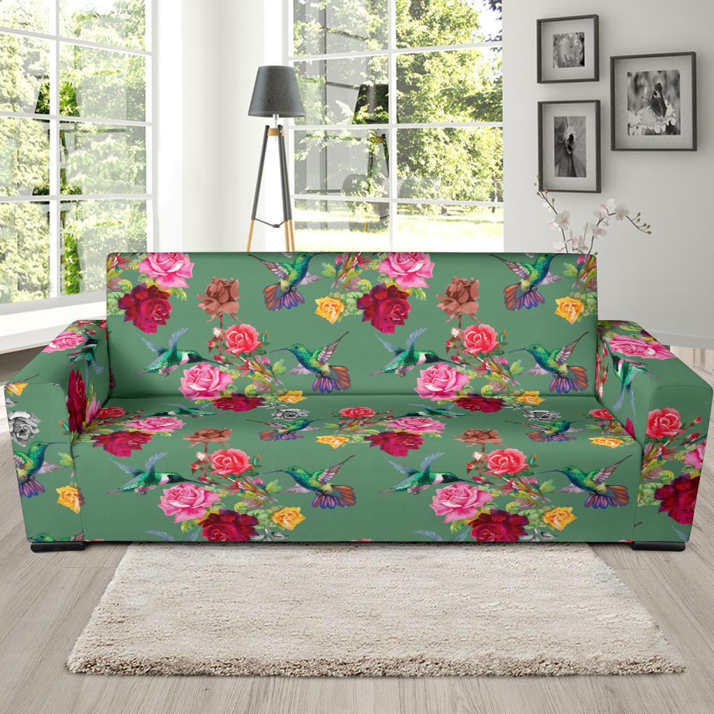 Hummingbird with Rose Themed Print Sofa Slipcover-JTAMIGO.COM