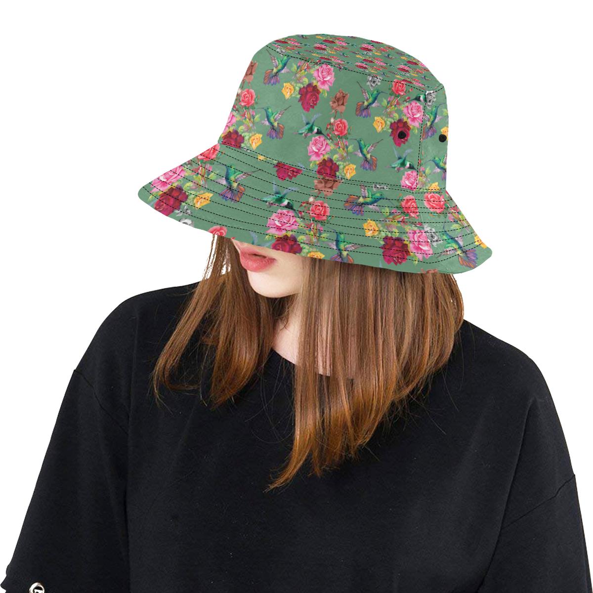 Hummingbird with Rose Themed Print Unisex Bucket Hat