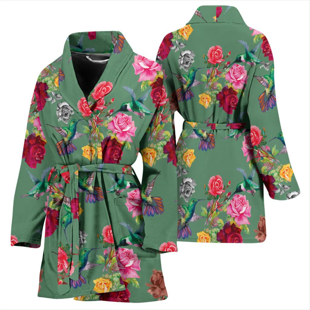 Hummingbird with Rose Themed Print Women Bath Robe-JTAMIGO.COM
