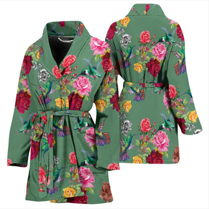 Hummingbird with Rose Themed Print Women Bath Robe-JTAMIGO.COM