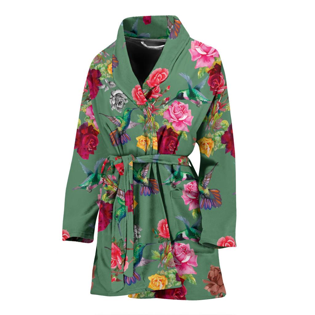 Hummingbird with Rose Themed Print Women Bath Robe-JTAMIGO.COM