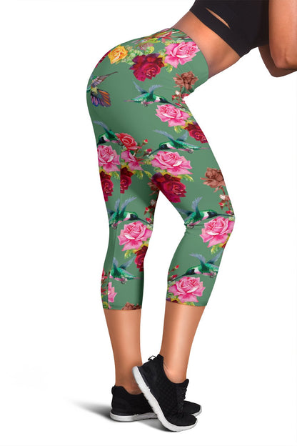 Hummingbird with Rose Themed Print Women Capris