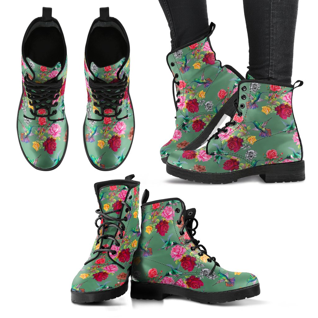Hummingbird with Rose Themed Print Women Leather Boots-JTAMIGO.COM