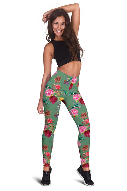 Hummingbird with Rose Themed Print Women Leggings