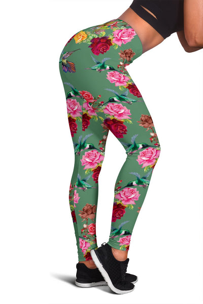 Hummingbird with Rose Themed Print Women Leggings