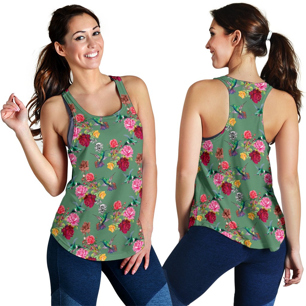 Hummingbird with Rose Themed Print Women Racerback Tank Top