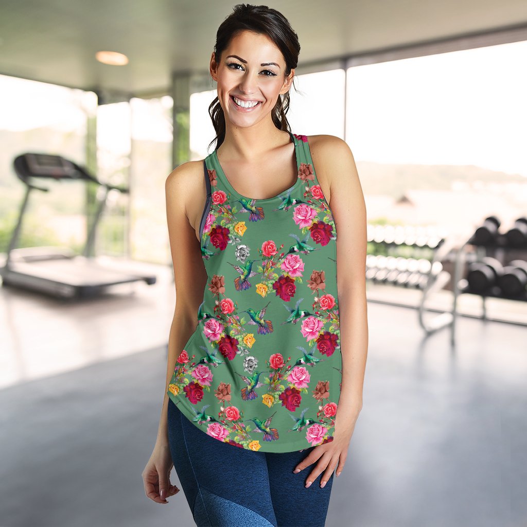 Hummingbird with Rose Themed Print Women Racerback Tank Top