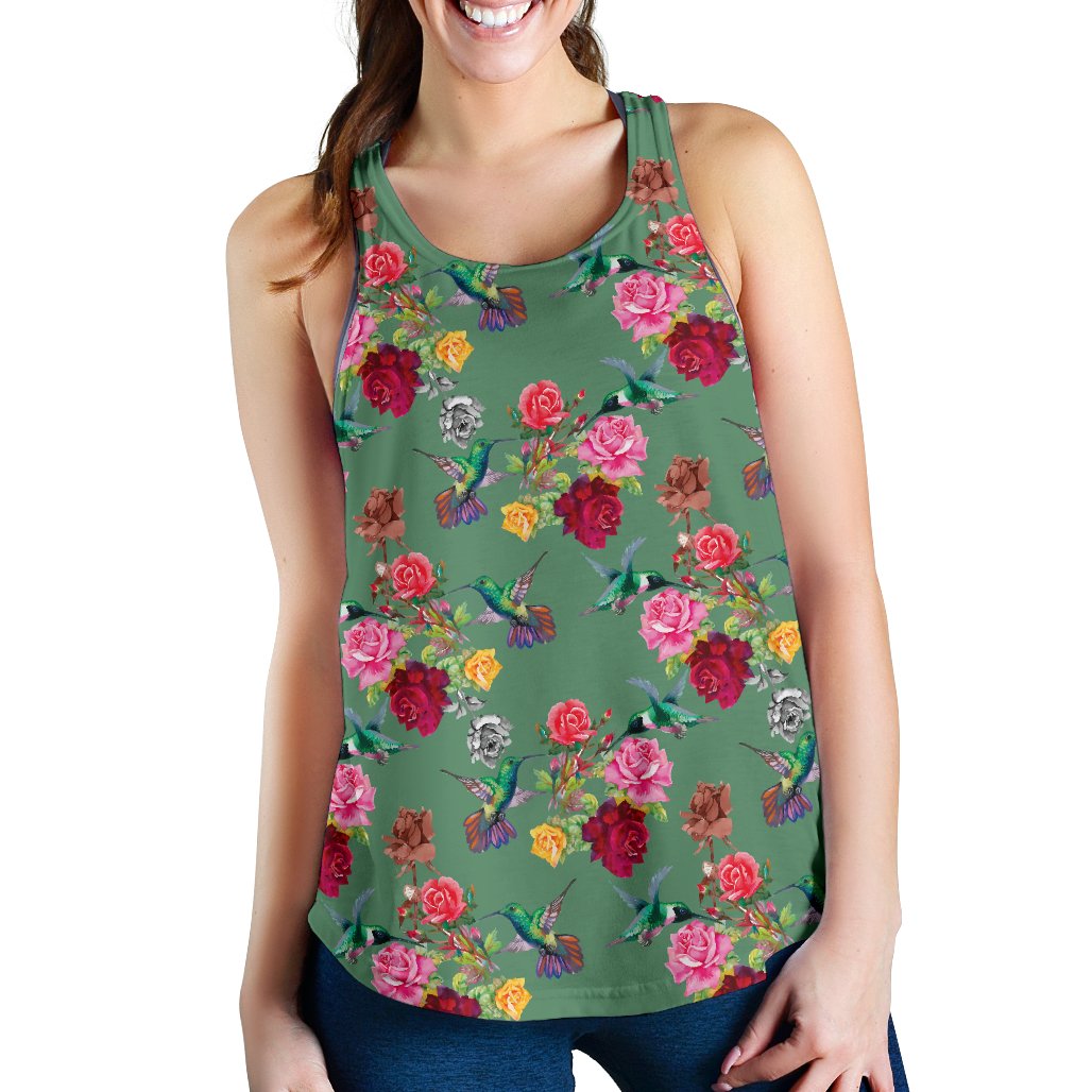 Hummingbird with Rose Themed Print Women Racerback Tank Top