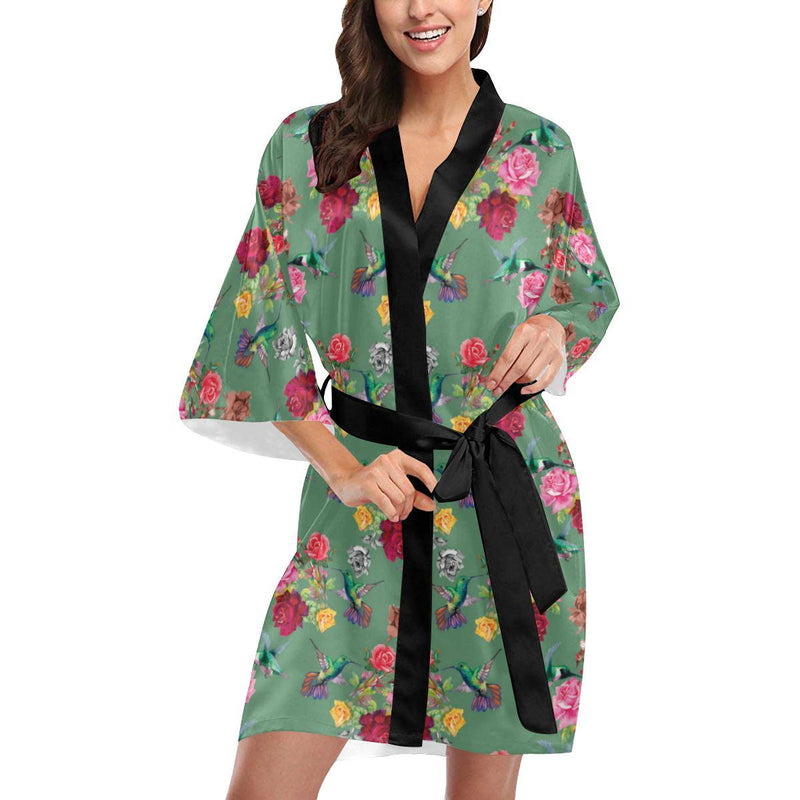 Hummingbird with Rose Themed Print Women Short Kimono Robe