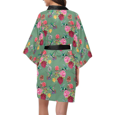 Hummingbird with Rose Themed Print Women Short Kimono Robe
