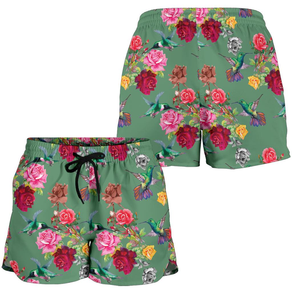 Hummingbird with Rose Themed Print Women Shorts-JTAMIGO.COM