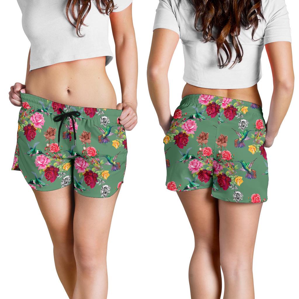 Hummingbird with Rose Themed Print Women Shorts-JTAMIGO.COM