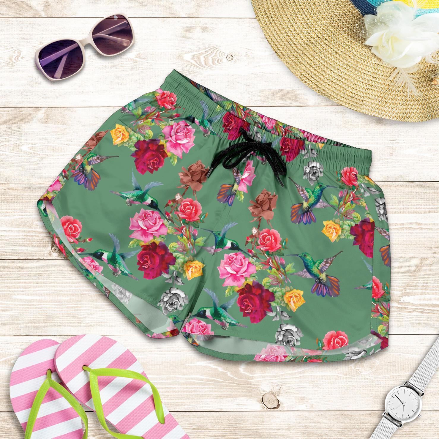 Hummingbird with Rose Themed Print Women Shorts-JTAMIGO.COM