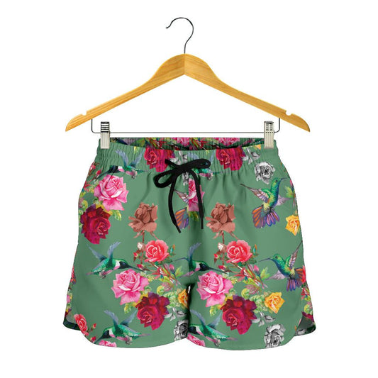 Hummingbird with Rose Themed Print Women Shorts-JTAMIGO.COM