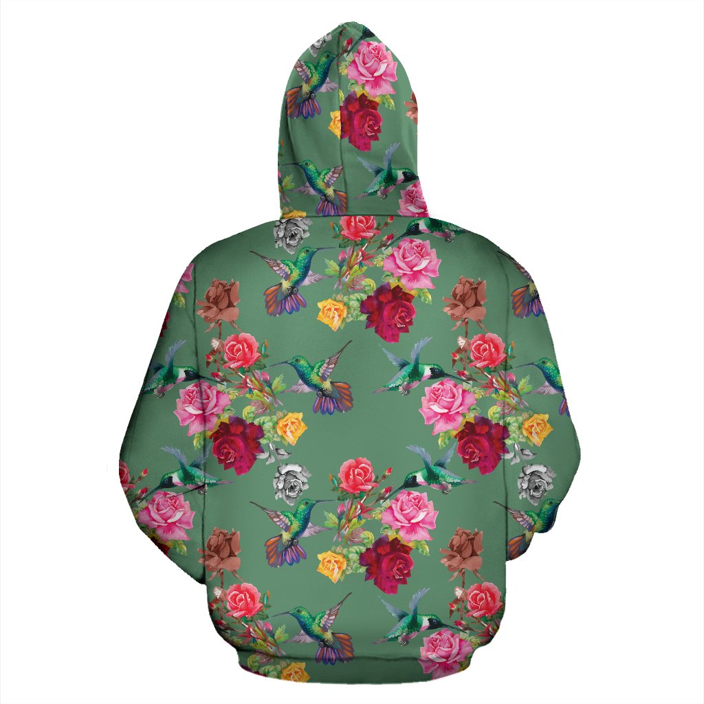 Hummingbird with Rose Themed Print Zip Up Hoodie