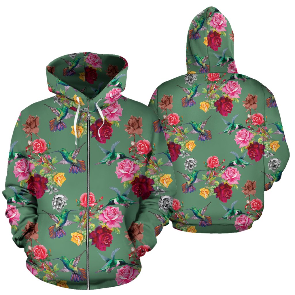 Hummingbird with Rose Themed Print Zip Up Hoodie