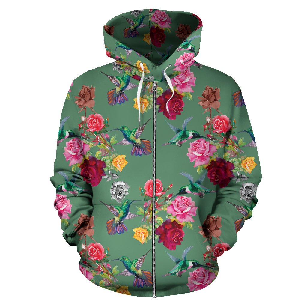 Hummingbird with Rose Themed Print Zip Up Hoodie