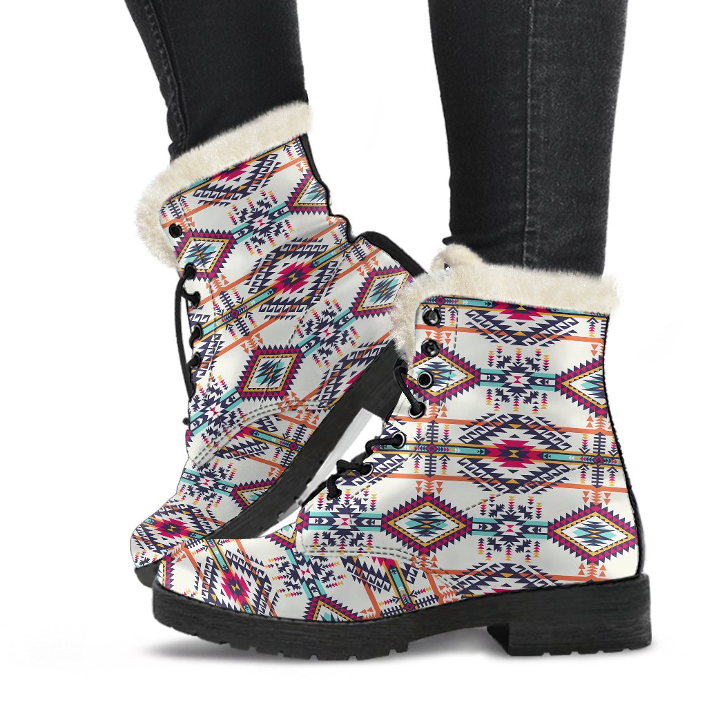 Indian Navajo Art Themed Design Print Faux Fur Leather Boots-JTAMIGO.COM