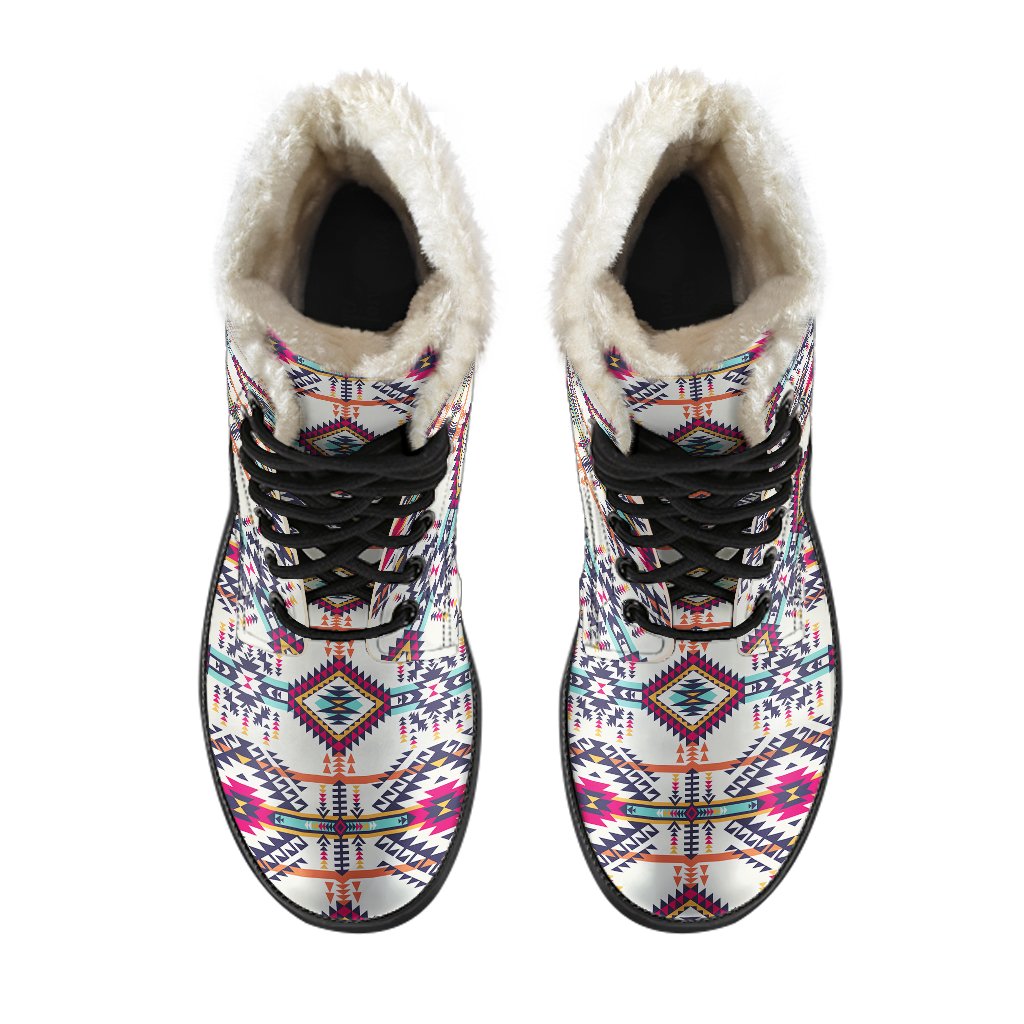 Indian Navajo Art Themed Design Print Faux Fur Leather Boots-JTAMIGO.COM